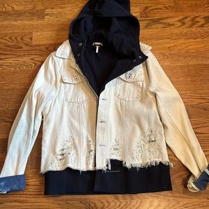 Free People Hooded Denim Sweatshirt Jacket